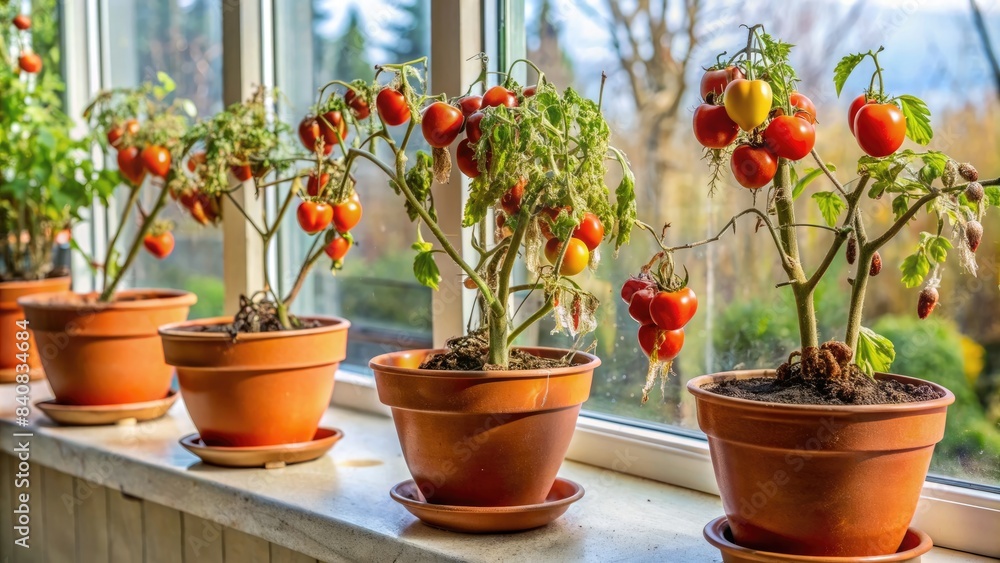 wilted tomatoes in ceramic pots on the windowsill, home garden, garden wilted tomatoes in ceramic pots on the windowsill, home garden, garden