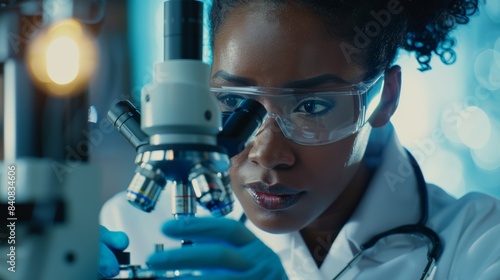 Medical or pharmaceutical lab with microscope, research, and female scientist. Professional, professional, African woman chemical breakthrough researcher with equipment