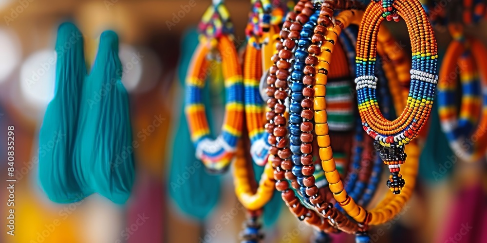 Naklejka premium Selective focus on intentionally blurred close-up of popular beaded African earrings, Generative AI