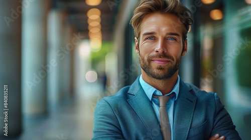 Confident Businessman Standing In Modern Office Hallway