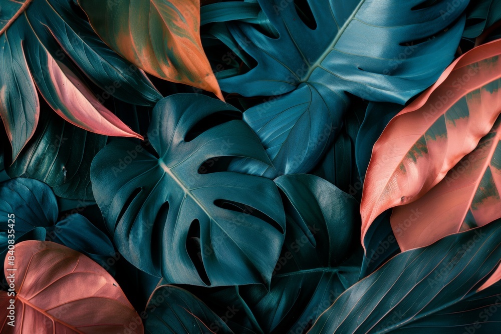 Lush green and pink leaves intertwine in a stunning backdrop, evoking a tropical jungle vibe. Ideal for projects seeking a rainforest touch Lush green and pink leaves intertwine in a stunning backdrop, evoking a tropical jungle vibe. Ideal for projects seeking a rainforest touch