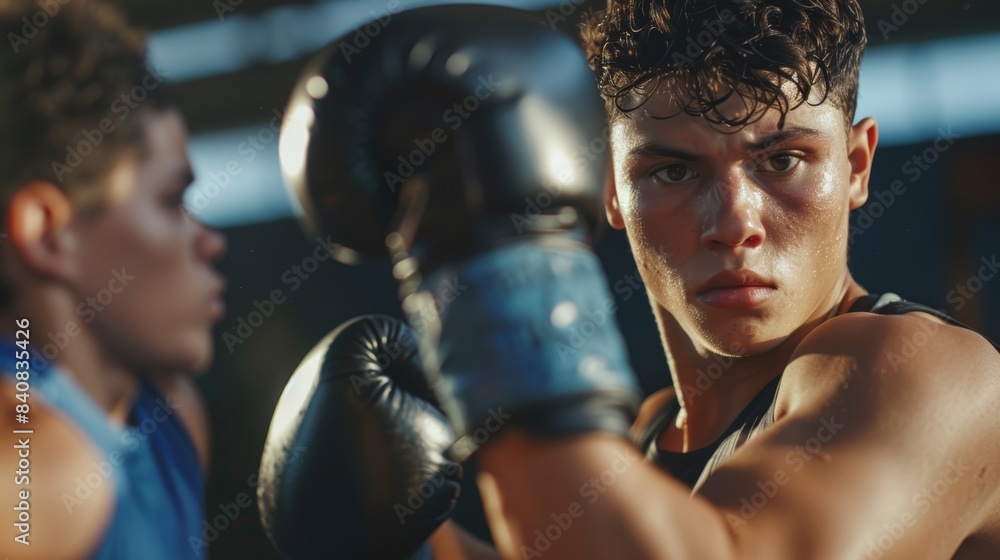 Fitness, boxing, and gym man with dummy for rapid, agile punch for sports contest or competition. Focus, face, and boxing gloves on boxer. Fitness, boxing, and gym man with dummy for rapid, agile punch for sports contest or competition. Focus, face, and boxing gloves on boxer.
