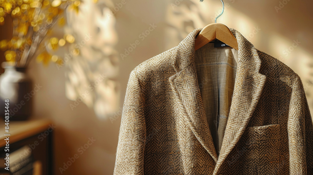 Brown Herringbone Blazer Hanging on Wooden Hanger in Sunlight Brown Herringbone Blazer Hanging on Wooden Hanger in Sunlight