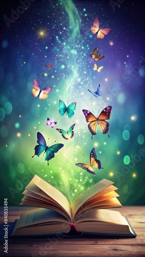 Colorful butterflies fly out of a magic book © Yliya