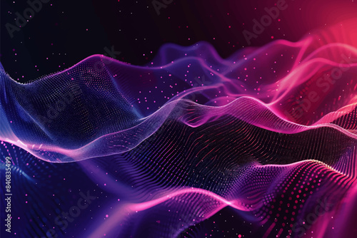 Abstract Waving Particle Technology Connection Background Design. Hi-tech futuristic modern techno background, neon RGB color shapes and dots.