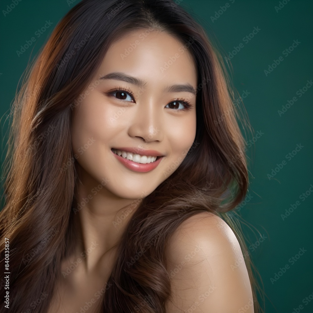 Obraz premium Pretty Asian beauty woman long hair with japanese makeup glowing face and healthy facial skin portrait smile on isolated green background