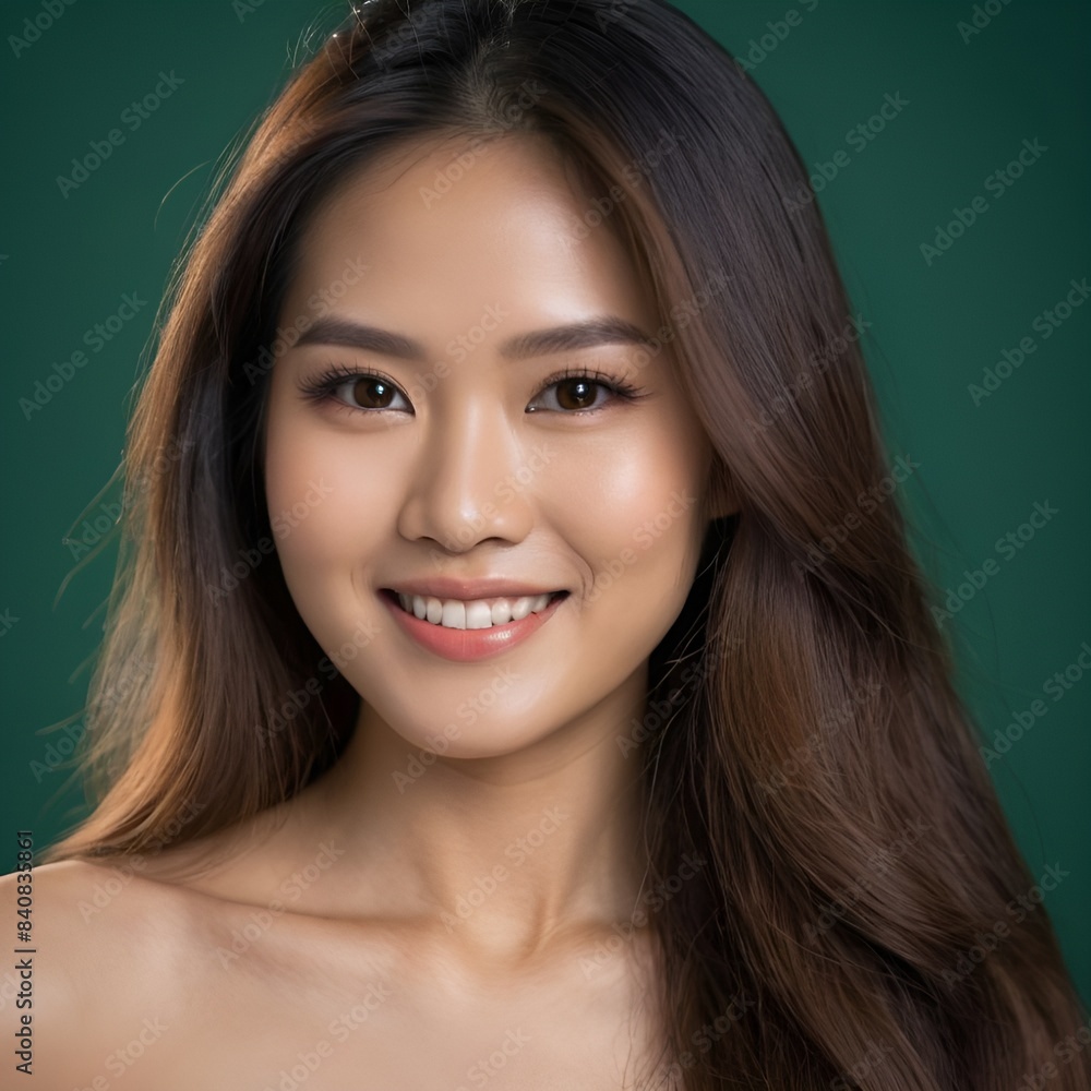 Fototapeta premium Pretty Asian beauty woman long hair with japanese makeup glowing face and healthy facial skin portrait smile on isolated green background