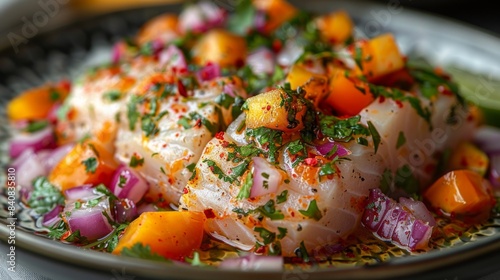 Highlight the crispness and tanginess of a plate of fish ceviche, featuring fresh fish marinated in citrus juice and mixed