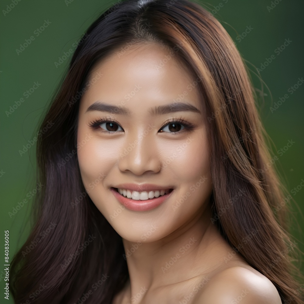 Fototapeta premium Pretty Asian beauty woman long hair with japanese makeup glowing face and healthy facial skin portrait smile on isolated green background