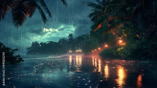 Stormy Tropical Night Vacation Scenery with Palm Trees and Illuminated Reflections