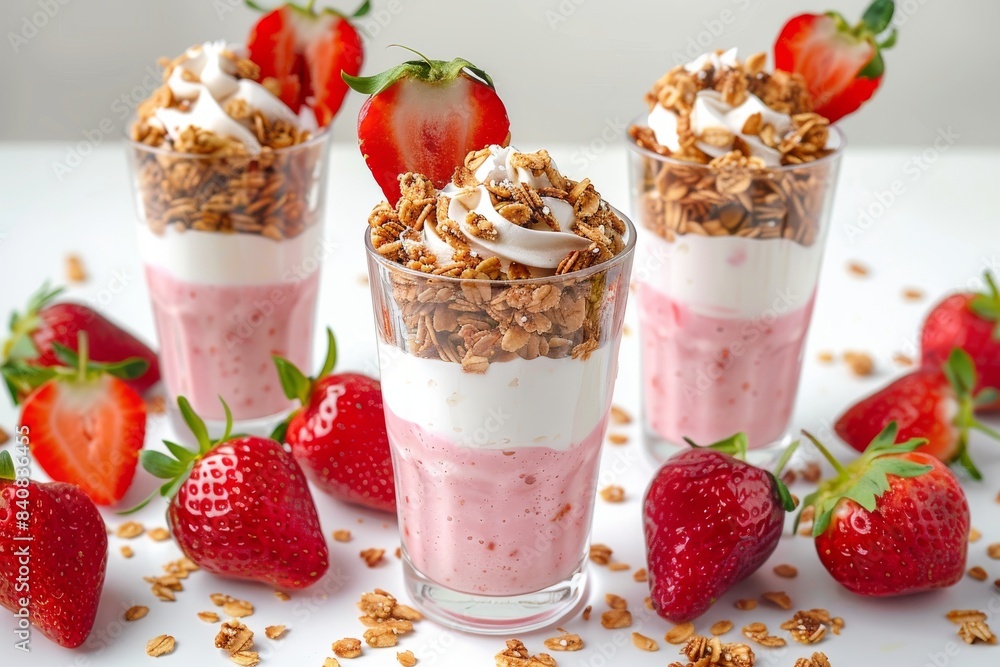 Strawberry parfait with granola and whipped cream, highlighting a healthy, indulgent treat in a bright, cheerful setting perfect for celebrations Strawberry parfait with granola and whipped cream, highlighting a healthy, indulgent treat in a bright, cheerful setting perfect for celebrations