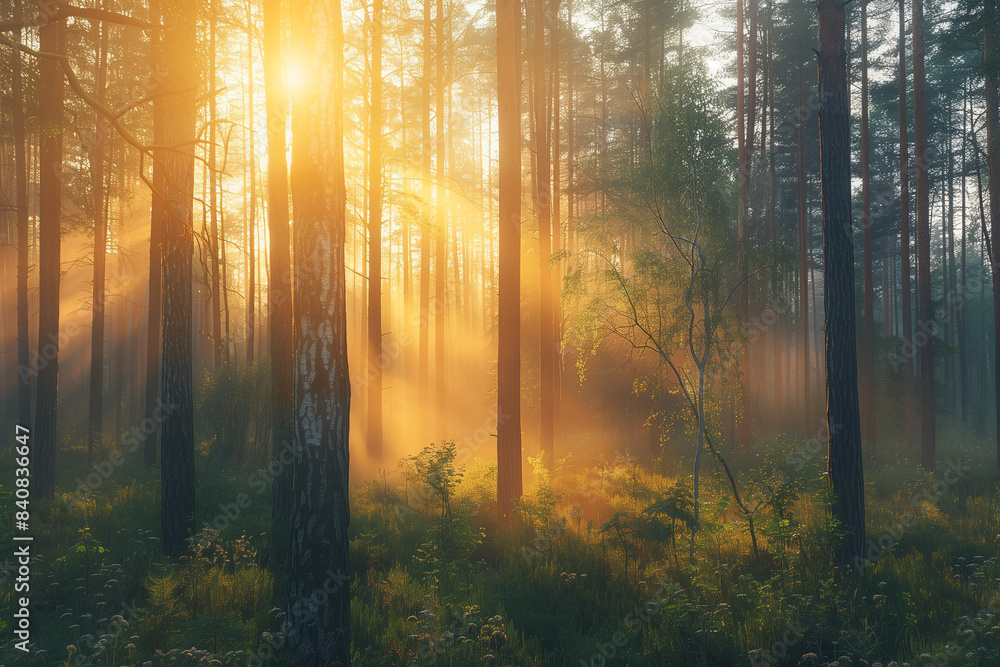 Obraz premium A quiet forest at sunrise, with the mist drifting lazily from the ground and sunlight filtering softly through the branches.
