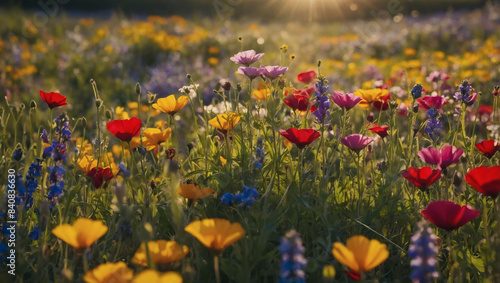 Springtime wildflower meadow bursting with vibrant blooms.