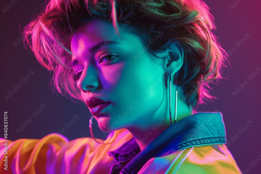 Fototapeta premium Young woman posing with neon lights in a studio