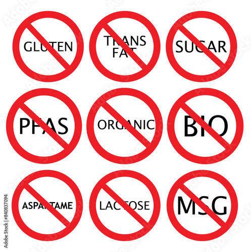 Free Download Set allergen free icons. Allergen free products. Products warning symbols. Lactose, gluten, sugar, corn, egg, trans fat, soy, nuts free, coffeine , bio ,gluten,msg, pfas sign. - GFXLoad