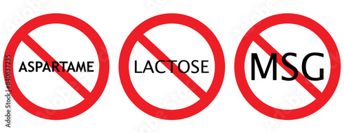 Set allergen free icons. Allergen free products. Products warning symbols. Lactose, gluten, sugar, corn, egg, trans fat, soy, nuts free, coffeine , bio ,gluten,msg, pfas sign.