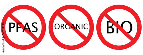 Set allergen free icons. Allergen free products. Products warning symbols. Lactose, gluten, sugar, corn, egg, trans fat, soy, nuts free, coffeine , bio ,gluten,msg, pfas sign.