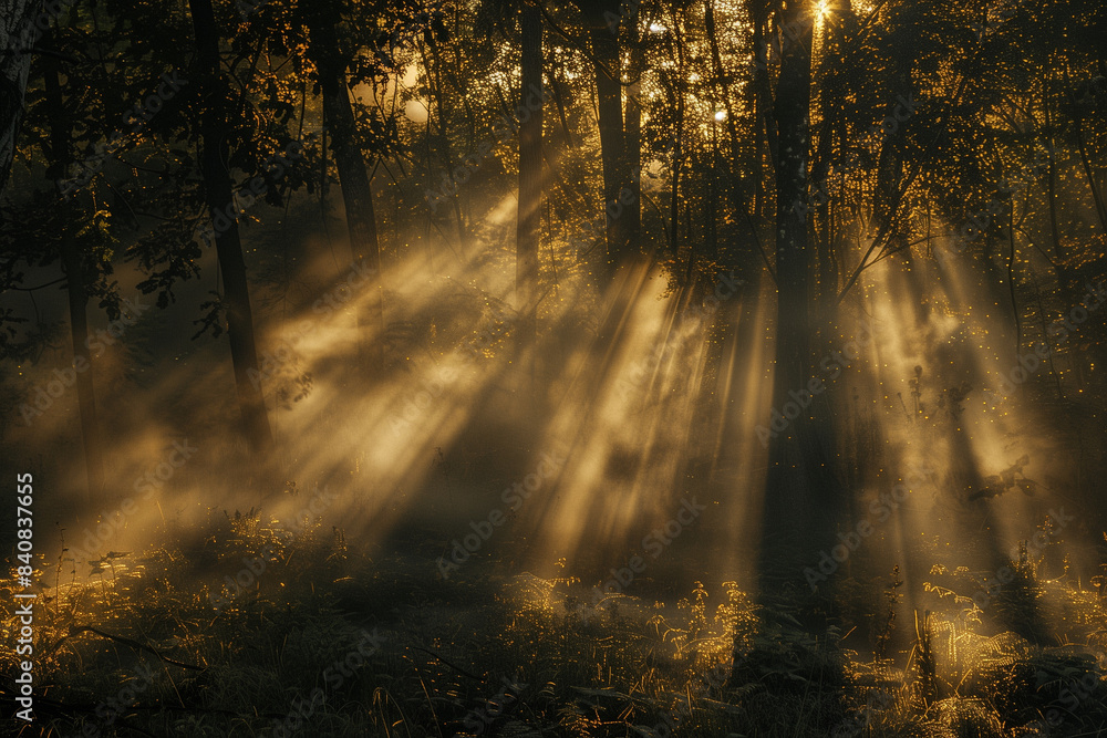 Fototapeta premium A quiet forest at sunrise, with the mist drifting lazily from the ground and sunlight filtering softly through the branches.