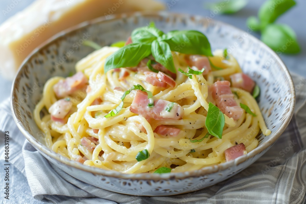 creamy spaghetti carbonara with pieces of ham and fresh basil, elegant blue-gray background with a cloth napkin creamy spaghetti carbonara with pieces of ham and fresh basil, elegant blue-gray background with a cloth napkin