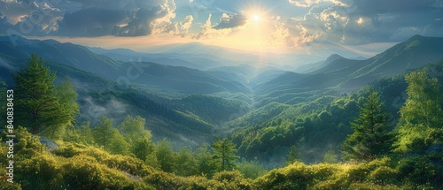 sunrise view of a national park, with a forest of green trees and a misty fog, surrounded by a scenic landscape and a bright blue sky