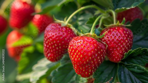 Close-up image of sunlit ripe strawberries among green leaves  with a sharp focus on the berries