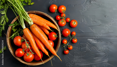 Bowl with fresh carrots and tomatoes on black wooden background