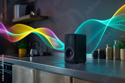 Obraz na płótnie Speaker on Kitchen Counter with Sound Waves