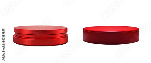 Red shiny empty podium for product advertisement isolated on transparent background, showcase stage for product presentation