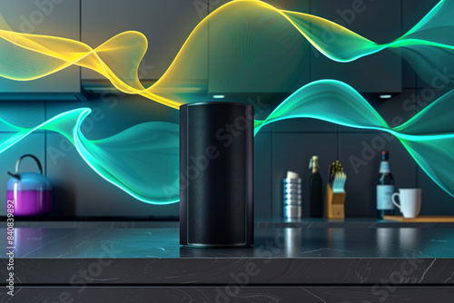 Obraz na płótnie Speaker on Kitchen Counter with Sound Waves