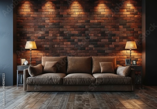 Fototapeta Naklejka Na Ścianę i Meble -  Dark room with brown brick wall, sofa and coffee table near window at night 