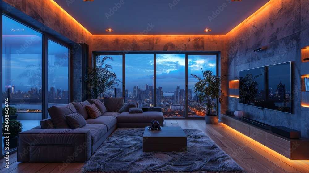 Create a cozy yet contemporary living room retreat at night with a plush sofa, a big-screen TV, and LED strips Create a cozy yet contemporary living room retreat at night with a plush sofa, a big-screen TV, and LED strips