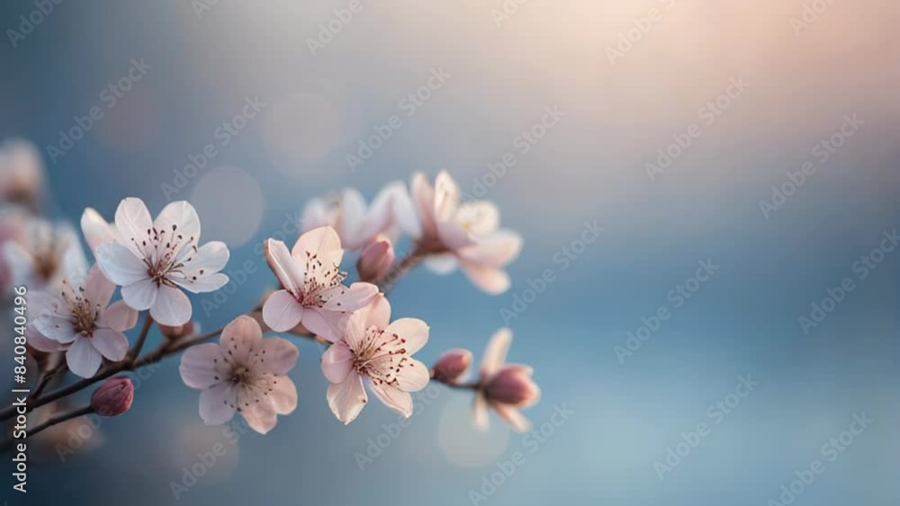 branch of light pink flowers against a pastel blue sky with free space. branch of light pink flowers against a pastel blue sky with free space.