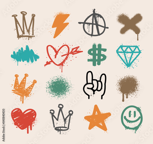 Street Art collection of Graffiti doodle symbols : heart, diamond, star, rock, crown - isolated vector on white background. Street art and Rock Doodle icons and elemets in graffiti style (2)