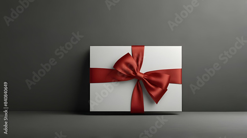 Blank white gift card with red ribbon bow isolated on grey background with shadow minimal conceptual