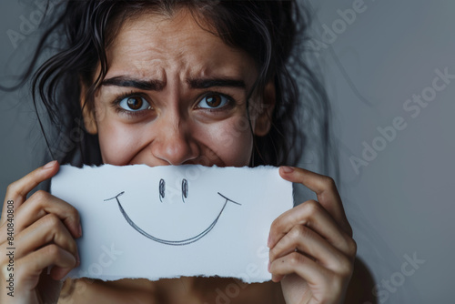 Woman holds a paper with a drawn smile, belying the sadness in her expressive eyes, portraying hidden mental anguish photo