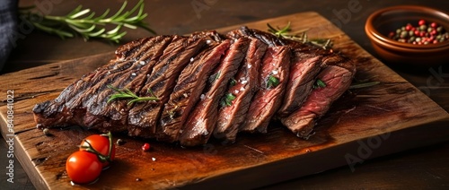 Sliced wagyu flank steak on burnt cutting board, Generative AI