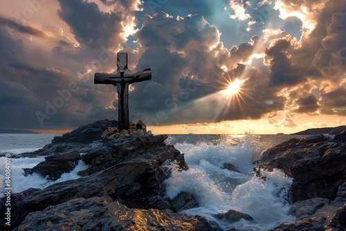 A cross on a rocky coastline, with sunrays piercing through dramatic clouds and illuminating the crashing waves, symbolizing strength and resilience
