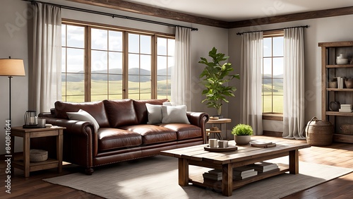  Mockup frame in farmhouse living room interior, 3d render 