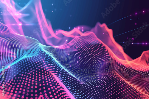 Abstract Waving Particle Technology Connection Background Design. Hi-tech futuristic modern techno background, neon RGB color shapes and dots.