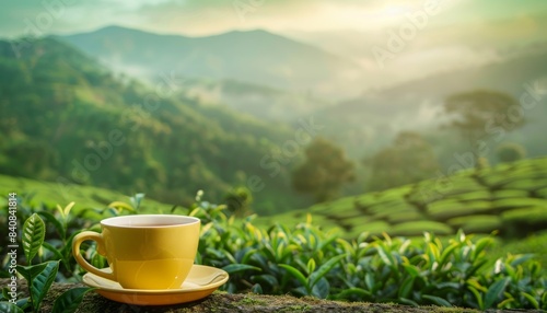 Serene mountain tea plantation  green tea cup on lush field, ideal for text, high quality image © Mikki Orso