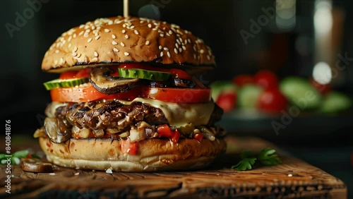 A large hamburger with a lot of toppings including tomatoes, cucumbers, and mushrooms. The burger is sitting on a wooden cutting board photo