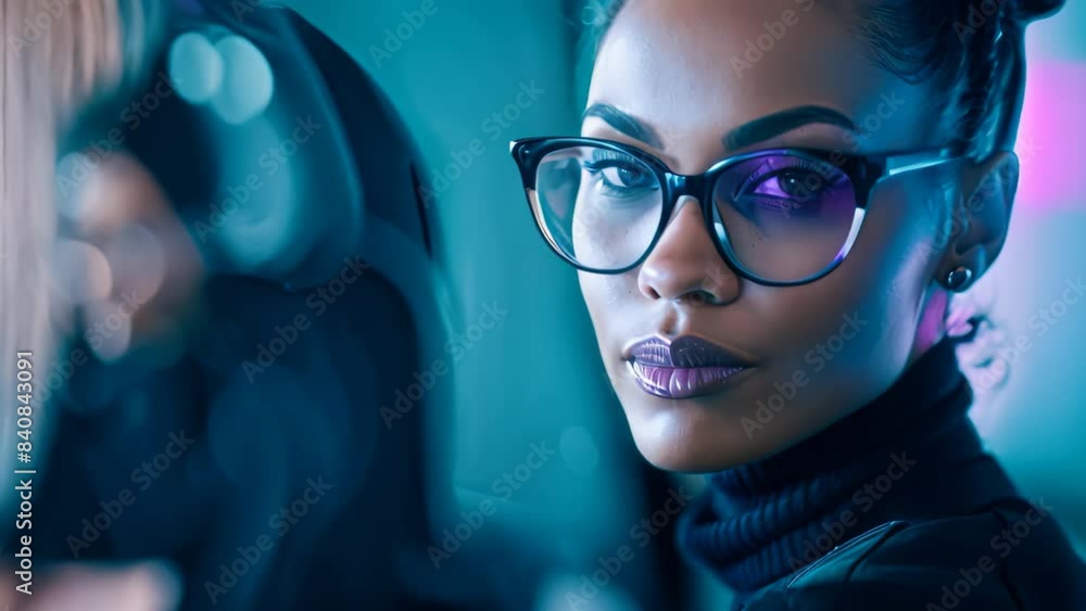 A confident woman wearing glasses and a turtle neck sweater in a business setting, A visionary business woman leading a team meeting A confident woman wearing glasses and a turtle neck sweater in a business setting, A visionary business woman leading a team meeting