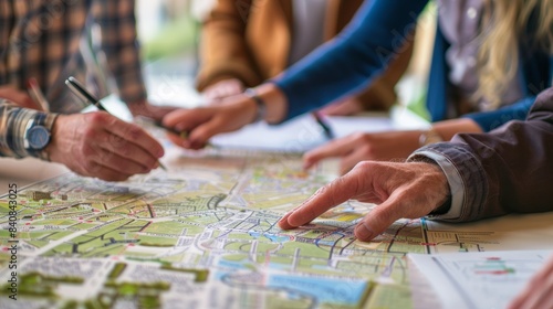A group of people collaborates around a table, their hands pointing at a detailed urban planning map