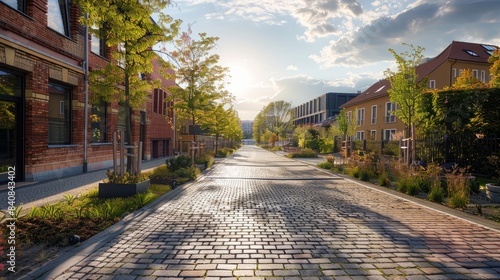 A renovated cobblestone street in a European city, lined with historic buildings and lush greenery, offering a charming and revitalized atmosphere photo