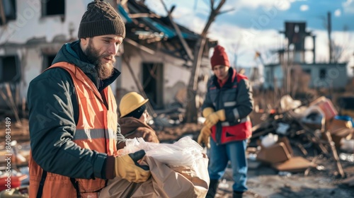 Two volunteers work together to clear debris after a storm destroyed a residential neighborhood