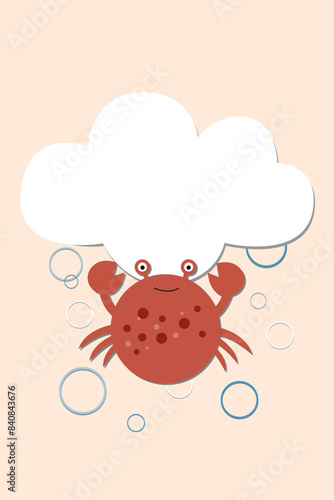 Childrens cute greeting card with crab and cat. Template for invitation in paper style photo