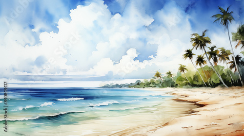 Watercolor painting of a tropical beach scene with palm trees lining the shore