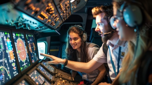 Three student pilots  wearing headsets  are gathered around a flight simulator  discussing flight strategies and procedures