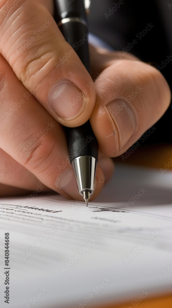 A close up image of a hand signing a document with a pen. The image is focused on the pen, which is in the process of signing a document