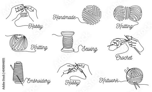 One line sewing and yarn. Knitting lettering, handicraft embroidery hobby and handmade knit work emblem designs vector set